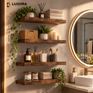 Warm Rustic Bathroom Shelves and Vanity